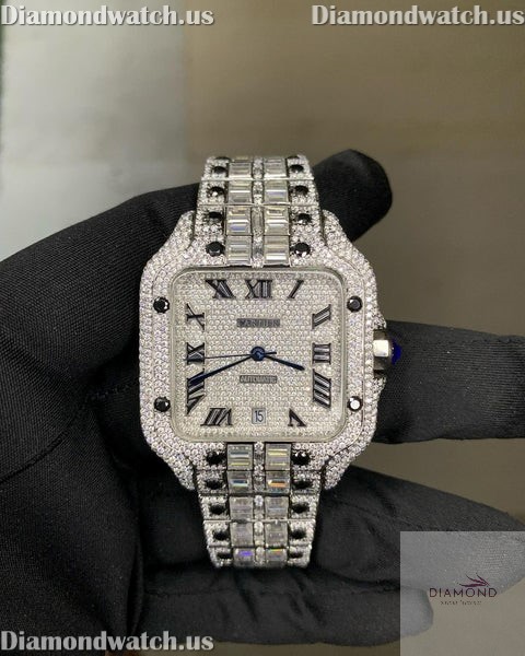 Custom Made Cartier Santos VVS Moissanite Studded Roman Dial Silver ...
