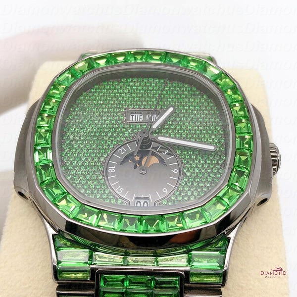 Custom Made PP Full Iced Out Green Round/Baguette Diamond Automatic ...