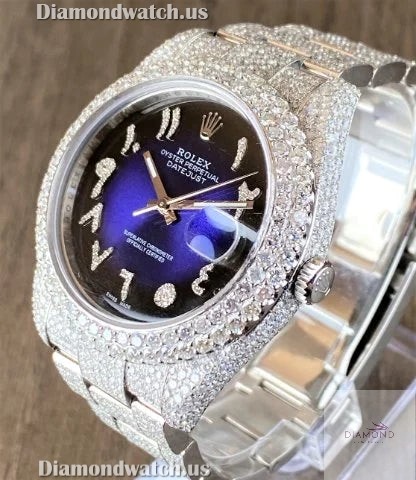 Custom Rolex Datejust Blue Hebrew Dial Iced Out White Moissanite ...